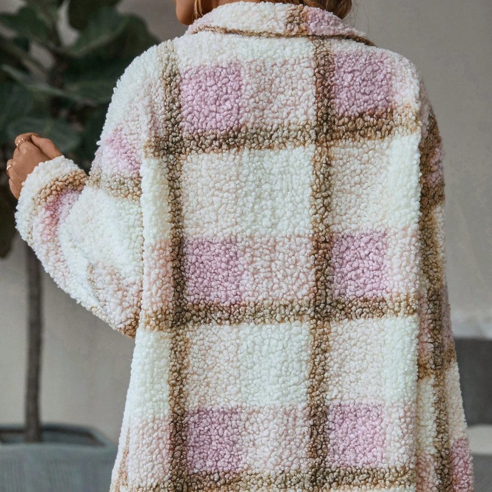 Tan Casual Womens Plaid Print Drop Shoulder Teddy Coat - Picture 2 of 5